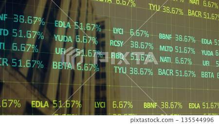 Displaying ticker overlaying facade in financial district, showing stock symbols and percentages Displaying ticker overlaying facade in financial district, showing stock symbols and percentages 135544996