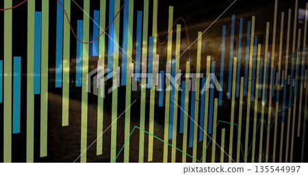 Displaying financial chart featuring bars over blurred city lights, with red and teal trend lines Displaying financial chart featuring bars over blurred city lights, with red and teal trend lines 135544997