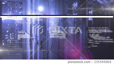 Illuminating server rack with network cables showing code overlay in data center, with LED lights 135545003