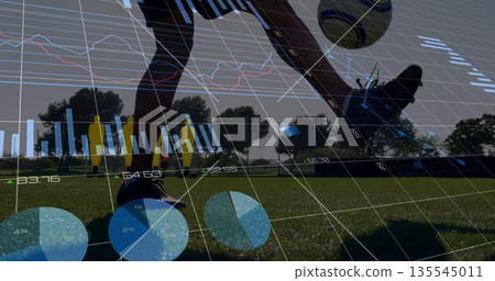 Kicking soccer ball on grass field by male athlete's legs, with cleats and analytics overlay Kicking soccer ball on grass field by male athlete's legs, with cleats and analytics overlay 135545011