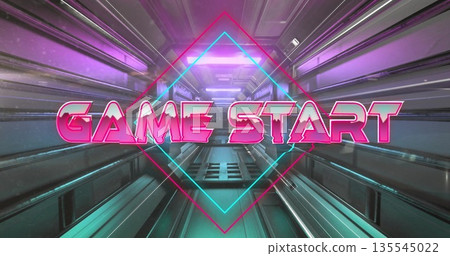 Glowing neon pink 'GAME START' with diamond outline shining in spaceship corridor, with metal walls Glowing neon pink 'GAME START' with diamond outline shining in spaceship corridor, with metal walls 135545022