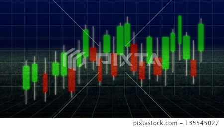 Displaying 3D candlestick chart floating above floor grid in trading app, with green and red bars Displaying 3D candlestick chart floating above floor grid in trading app, with green and red bars 135545027