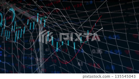 Wire net and pole stretching across studio, candlestick chart with moving average lines and values Wire net and pole stretching across studio, candlestick chart with moving average lines and values 135545043