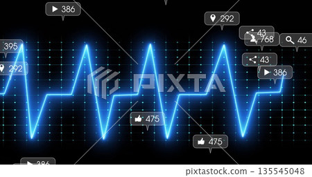 Traversing neon-blue ECG waveform glowing on dark grid, with play, like, share and search badges Traversing neon-blue ECG waveform glowing on dark grid, with play, like, share and search badges 135545048