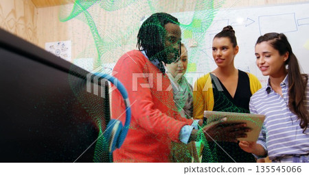 Collaborating professionals gathering around tablet with whiteboard and data mesh overlay in office Collaborating professionals gathering around tablet with whiteboard and data mesh overlay in office 135545066