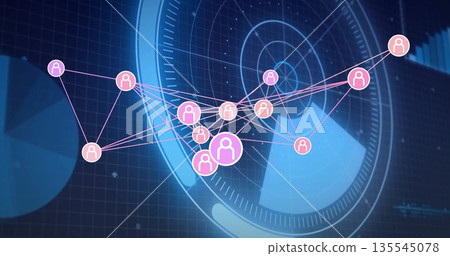 Showing pink user icon linking with white silhouettes on blue digital grid, with HUD rings Showing pink user icon linking with white silhouettes on blue digital grid, with HUD rings 135545078