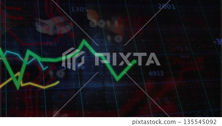 Displaying green line graph trending on screen with yellow and teal lines, grid overlay, labels Displaying green line graph trending on screen with yellow and teal lines, grid overlay, labels 135545092