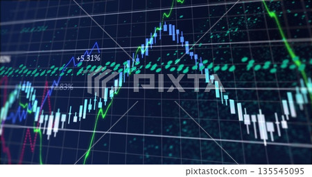 Showing blue candlesticks on white grid with green trend line, dotted markers and percentages Showing blue candlesticks on white grid with green trend line, dotted markers and percentages 135545095