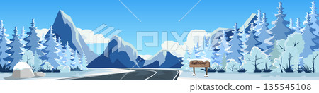 Winter vector landscape with a winding road through a snowy pine forest and blue mountains. Cold season nature background illustration suitable for Christmas holiday and travel design fro banner. Winter vector landscape with a winding road through a snowy pine forest and blue mountains. Cold season nature background illustration suitable for Christmas holiday and travel design fro banner. 135545108
