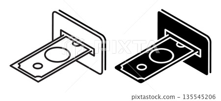 Linear isometric icon. Dollar cash is accepted into a bill acceptor at a street bank terminal. Simple vector isolated on white background Linear isometric icon. Dollar cash is accepted into a bill acceptor at a street bank terminal. Simple vector isolated on white background 135545206