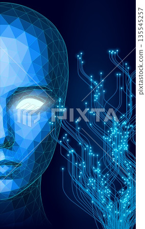 Abstract Polygonal AI Face with Glowing Eyes and Neural Circuit Lines in Futuristic Blue Wireframe Style Abstract Polygonal AI Face with Glowing Eyes and Neural Circuit Lines in Futuristic Blue Wireframe Style 135545257