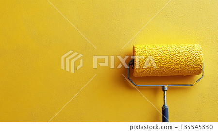 Yellow paint roller on a bright yellow background 135545330