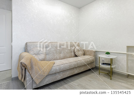 Modern living room interior with cozy sofa and marble side table Modern living room interior with cozy sofa and marble side table 135545425