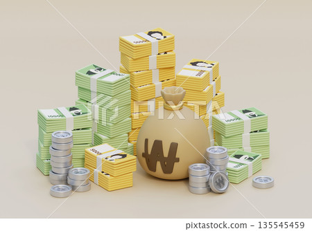 3D Render of Stacks of Korean Won Banknotes with Traditional Lucky Money Bags 135545459