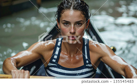 Strong Female Gondolier Rowing in Venice with Tensed Muscles and Wet Skin Intense Action Portrait 135545483