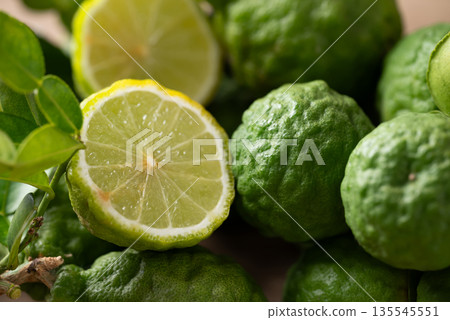 Kaffir lime fruit with leaf, Thai food ingredient Kaffir lime fruit with leaf, Thai food ingredient 135545551