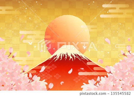 Illustration of cherry blossoms, red Fuji and sunrise_horizontal 3 Illustration of cherry blossoms, red Fuji and sunrise_horizontal 3 135545582