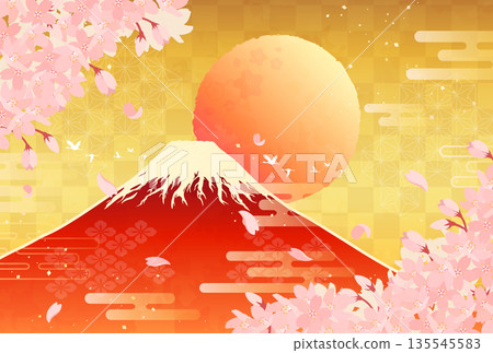 Cherry blossoms, red Fuji and sunrise illustration_Horizontal 4 Cherry blossoms, red Fuji and sunrise illustration_Horizontal 4 135545583