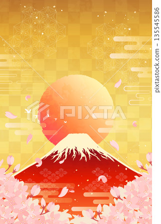 櫻花、紅色富士山和日出的插圖_豎版 3 櫻花、紅色富士山和日出的插圖_豎版 3 135545586