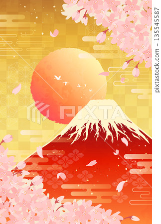 Illustration of cherry blossoms, red Fuji and sunrise_Vertical 4 Illustration of cherry blossoms, red Fuji and sunrise_Vertical 4 135545587