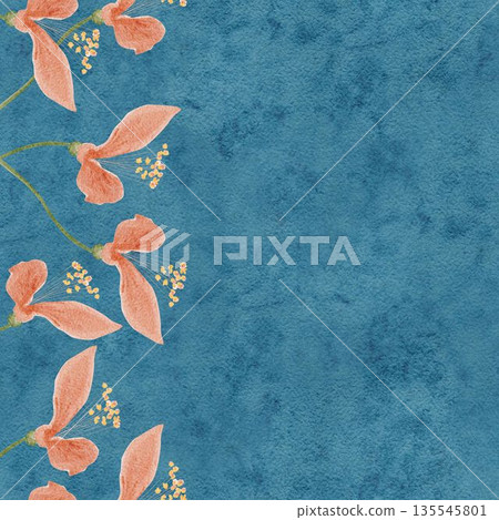 Seamless watercolor floral border, peach blossoms, delicate stems on blue background. Elegant vertical botanical design perfect for wedding stationery, invitations, packaging, textiles and decor 135545801