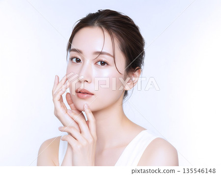 年輕亞洲女性的保濕肌膚和護膚圖片 135546148