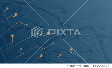 City route navigation on dark blue map with glowing path and location markers. GPS tracking and urban navigation technology concept. Vector illustration. City route navigation on dark blue map with glowing path and location markers. GPS tracking and urban navigation technology concept. Vector illustration. 135546176