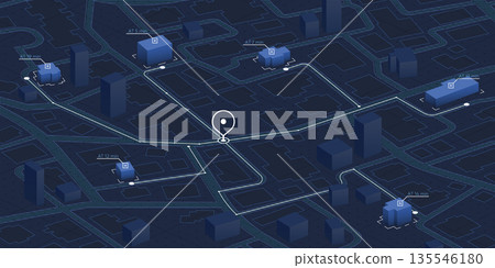 Isometric delivery route map with time estimates and urban layout. Urban Delivery Route Tracking on 3D GPS Navigation Map. Logistic management, or supply chain visualization. Vector illustration Isometric delivery route map with time estimates and urban layout. Urban Delivery Route Tracking on 3D GPS Navigation Map. Logistic management, or supply chain visualization. Vector illustration 135546180