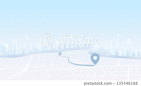 GPS Navigation Concept. Route on the map to pin in city street map. Navigation path and destination pins. Vector illustration 135546188