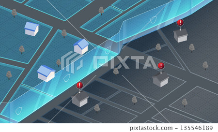 Smart city technology. Isometric city map with zoning and alert. Concept of safe neighborhood, smart home security technology. Vector illustration 135546189