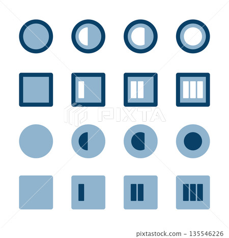 A simple set of circular and square icons showing work progress A simple set of circular and square icons showing work progress 135546226