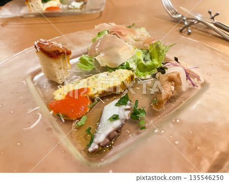 Appetizer plate. Antipasto including marinated octopus, prosciutto salad, egg dishes, etc. Appetizer plate. Antipasto including marinated octopus, prosciutto salad, egg dishes, etc. 135546250