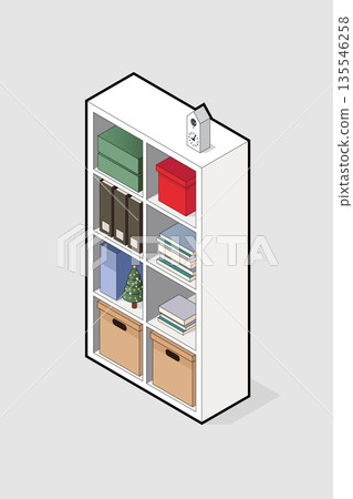 Isometric shelves with books and objects decoration. 135546258