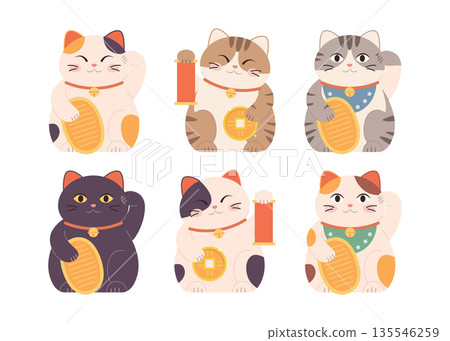 Japanese lucky Maneki neko cats set vector illustration 135546259