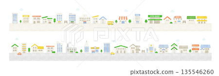 Watercolor style cute townscape illustration material | Vector material with houses and buildings lined up 135546260