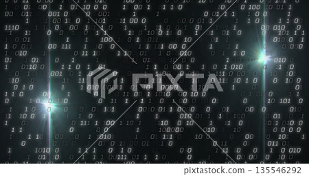 Streaming binary digits cascading in data visualization with greenish lens streaks, flare points 135546292
