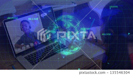 Girl with headset speaking on laptop at home, with boy writing notebook, globe overlay, copy space Girl with headset speaking on laptop at home, with boy writing notebook, globe overlay, copy space 135546304