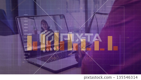 Joining call senior man in sweater using laptop reviewing chart overlay in home office, copy space 135546314