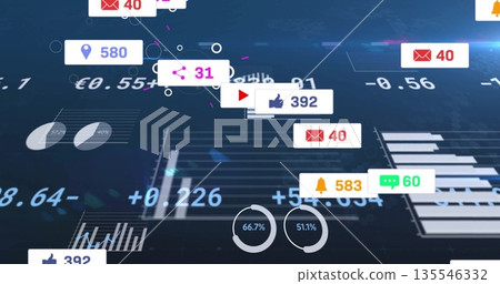 Displaying floating thumbs-up and chat bubble icons at virtual data dashboard with chart segments Displaying floating thumbs-up and chat bubble icons at virtual data dashboard with chart segments 135546332