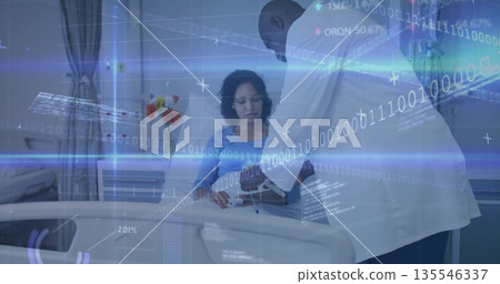 Adjusting physician in white coat connecting IV line beside patient in ward, with digital overlay Adjusting physician in white coat connecting IV line beside patient in ward, with digital overlay 135546337