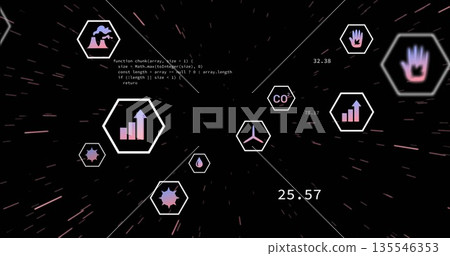 Hexagon with ascending bar chart gliding in data tunnel, with JavaScript snippet and numeric labels 135546353