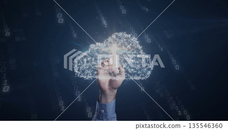 Arm wearing light blue shirt touching holographic cloud brain in interface, with binary digits Arm wearing light blue shirt touching holographic cloud brain in interface, with binary digits 135546360