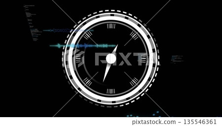 Displaying central circular gauge rotating in virtual dashboard, with blue waveform, code text 135546361