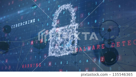 Displaying glowing padlock icon floating over virtual grid, with nodes and malware detection alert 135546365