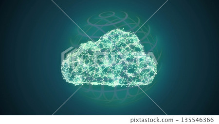 Floating stylized neon green network cloud in abstract digital scene, with faint wireframe globe Floating stylized neon green network cloud in abstract digital scene, with faint wireframe globe 135546366