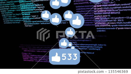 Floating blue and white thumbs-up icons rising against code interface, showing prominent 533 icon Floating blue and white thumbs-up icons rising against code interface, showing prominent 533 icon 135546369