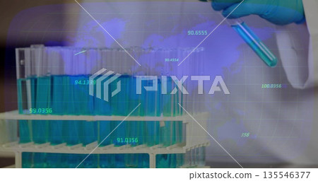 Holding test tube with gloved hand above tube rack at lab bench, with digital map overlay 135546377