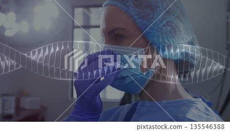 Adjusting surgical mask lab technician in PPE in research lab, with DNA helix overlay, copy space 135546388