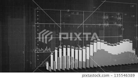 Displaying 3D bar chart showing layered bars, numeric labels and overlaying lines on grid plane 135546389