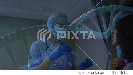 Preparing injection nurse wearing blue scrubs holding syringe in clinic with genetic overlay Preparing injection nurse wearing blue scrubs holding syringe in clinic with genetic overlay 135546391